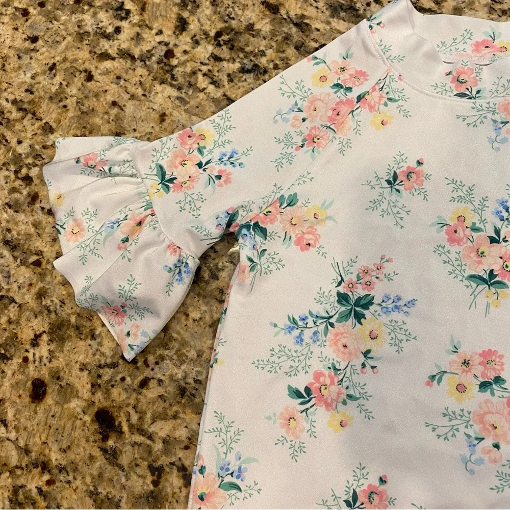 Janie And Jack Girls Floral Ruffle Sleeve Rash Guard Swim Top Size 10 White Pink